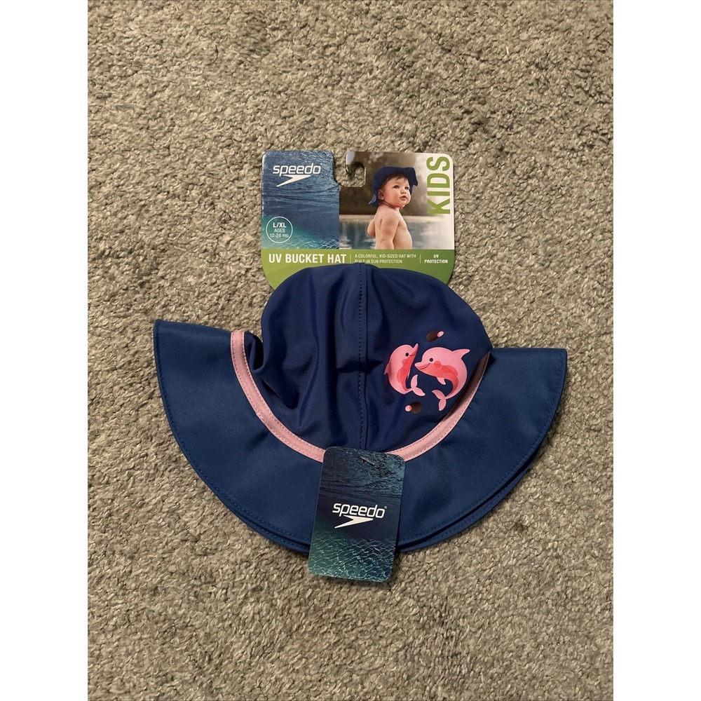 Speedo UV Bucket Hat Kids UV 50+ Swimโ Hat Sz S/M 6-12 Months Pink Dolphins Hat